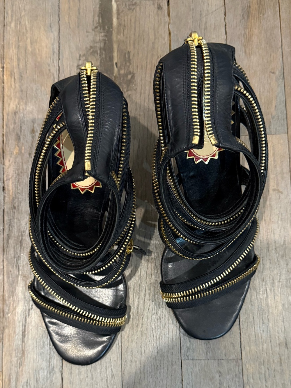 Christian Louboutin Black Leather Zip-Wrap High Heel Sandals with Gold Hardware